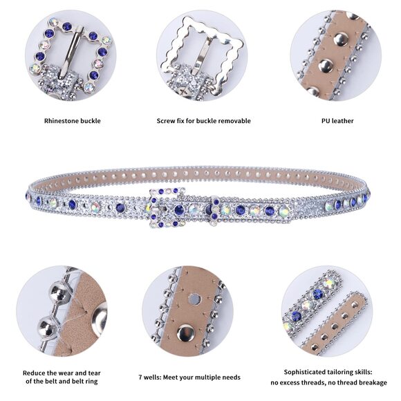 6692 Womens Thin Belts Skinny Leather Belt Luxury Strap Rhinestones Studded main image 4